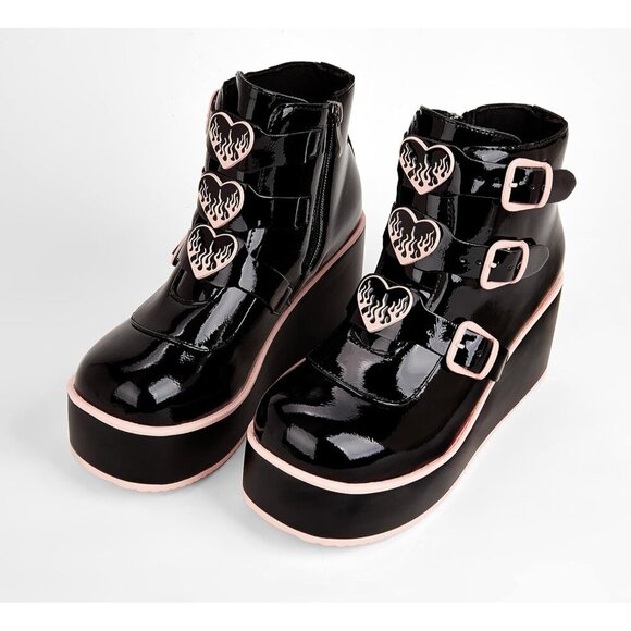 🆕 Goth Platform Chunky Ankle Boots Black Pink PU Wedge Zip Buckle Rave Booties - Picture 4 of 8